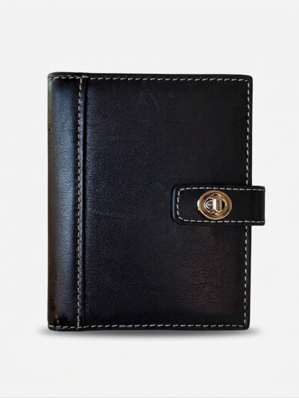 Coach Black Leather Turn-Lock Snap Wallet with White Stitching